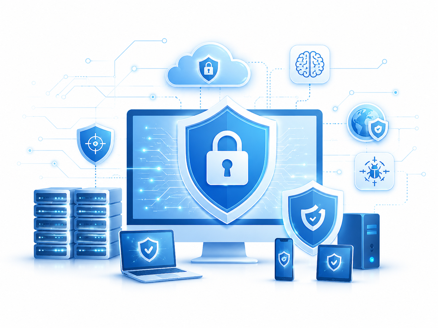 Ciberseguridad, endpoints protegidos, servidores y monitoreo con IA